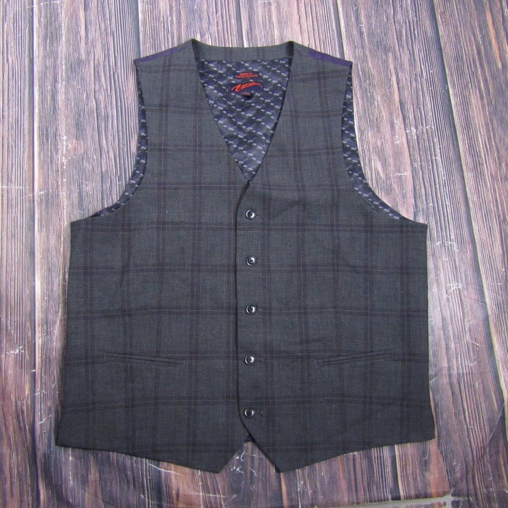 Egara Suit Vest Mens XL Grey Plaid Skinny Fit Stretch Separate Waistcoat 00152